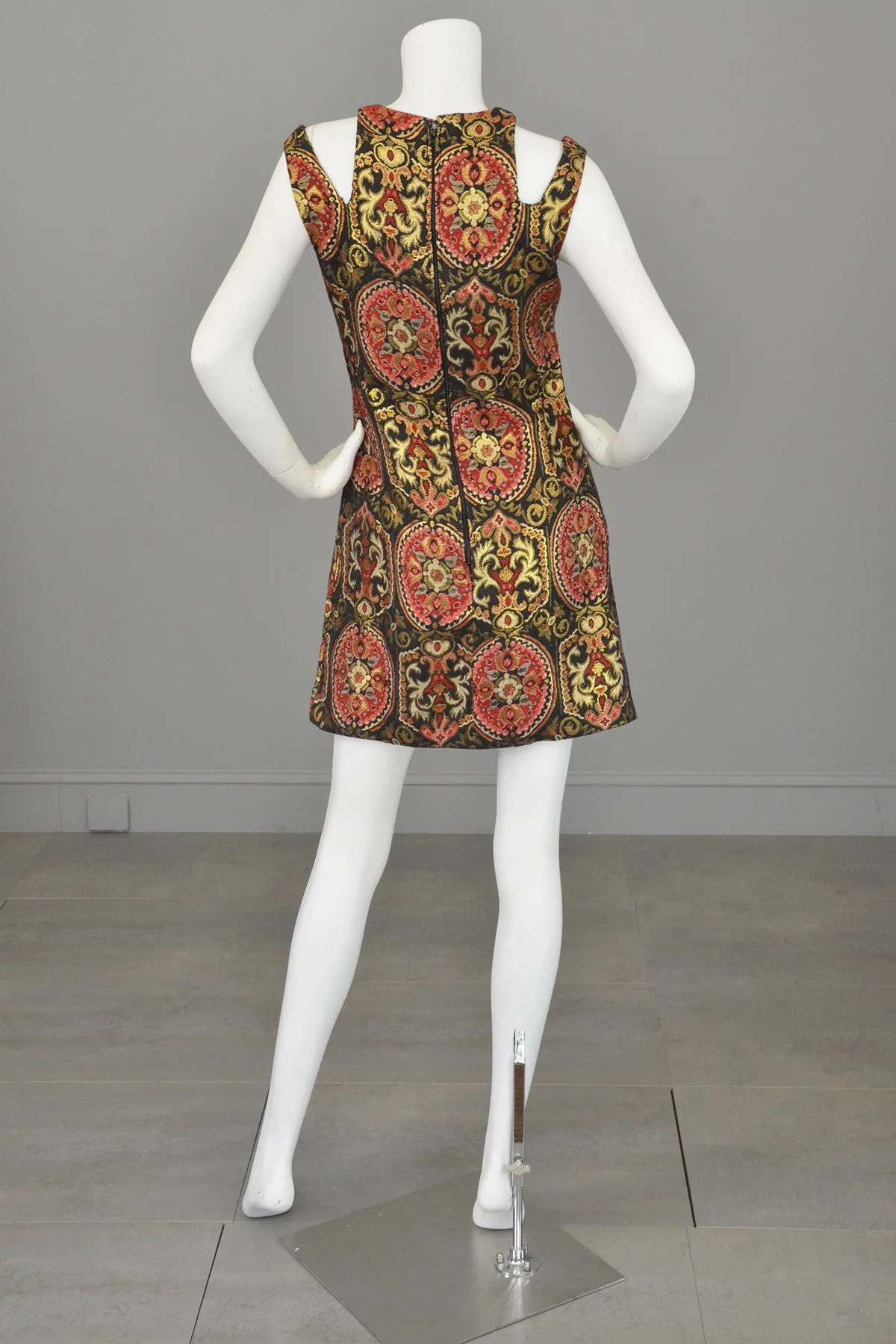 1960s Gold Metallic Open Shoulders Keyhole Tapestry Mini Dress