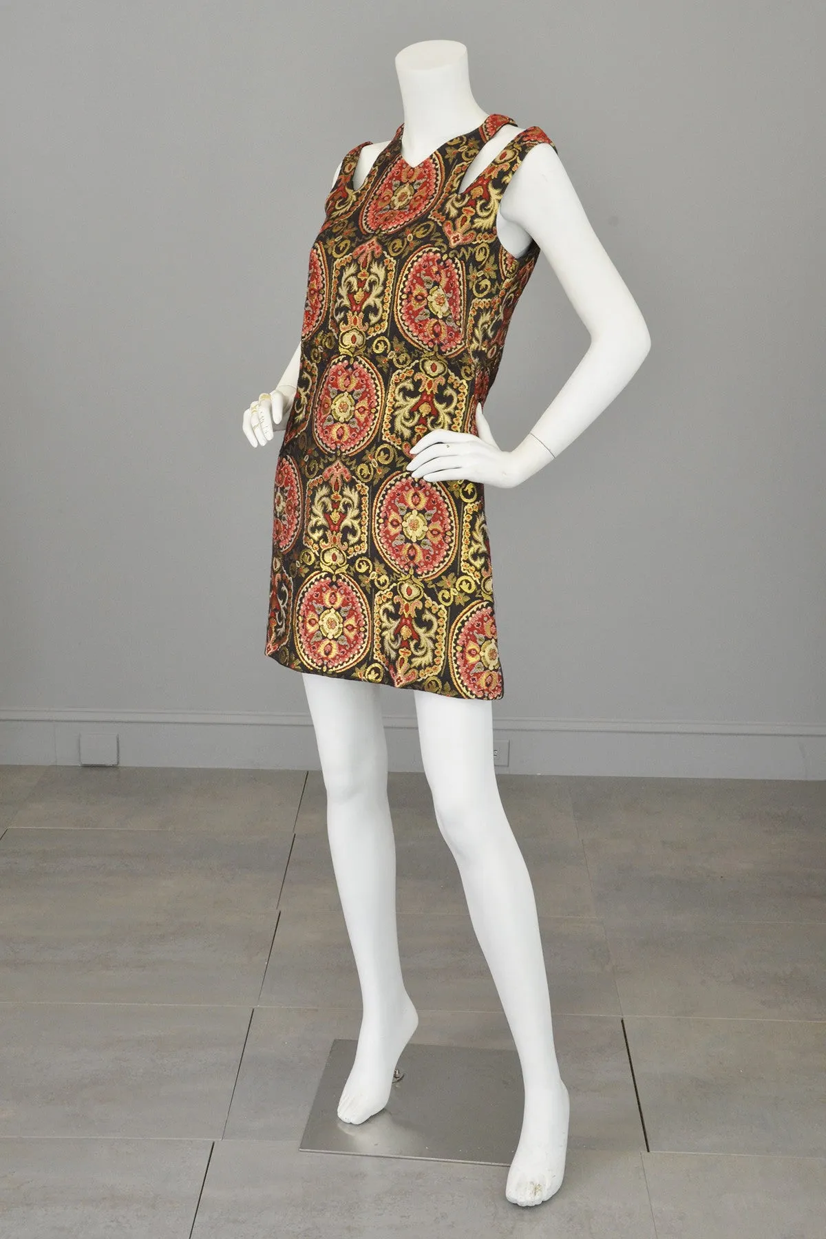 1960s Gold Metallic Open Shoulders Keyhole Tapestry Mini Dress