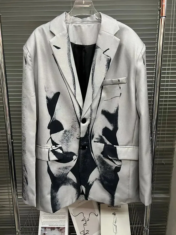 Abstract Printing Blazers For Women Notched Collar Long Sleeve Patchwork Button Chic Blazer Female Fashion Clothing