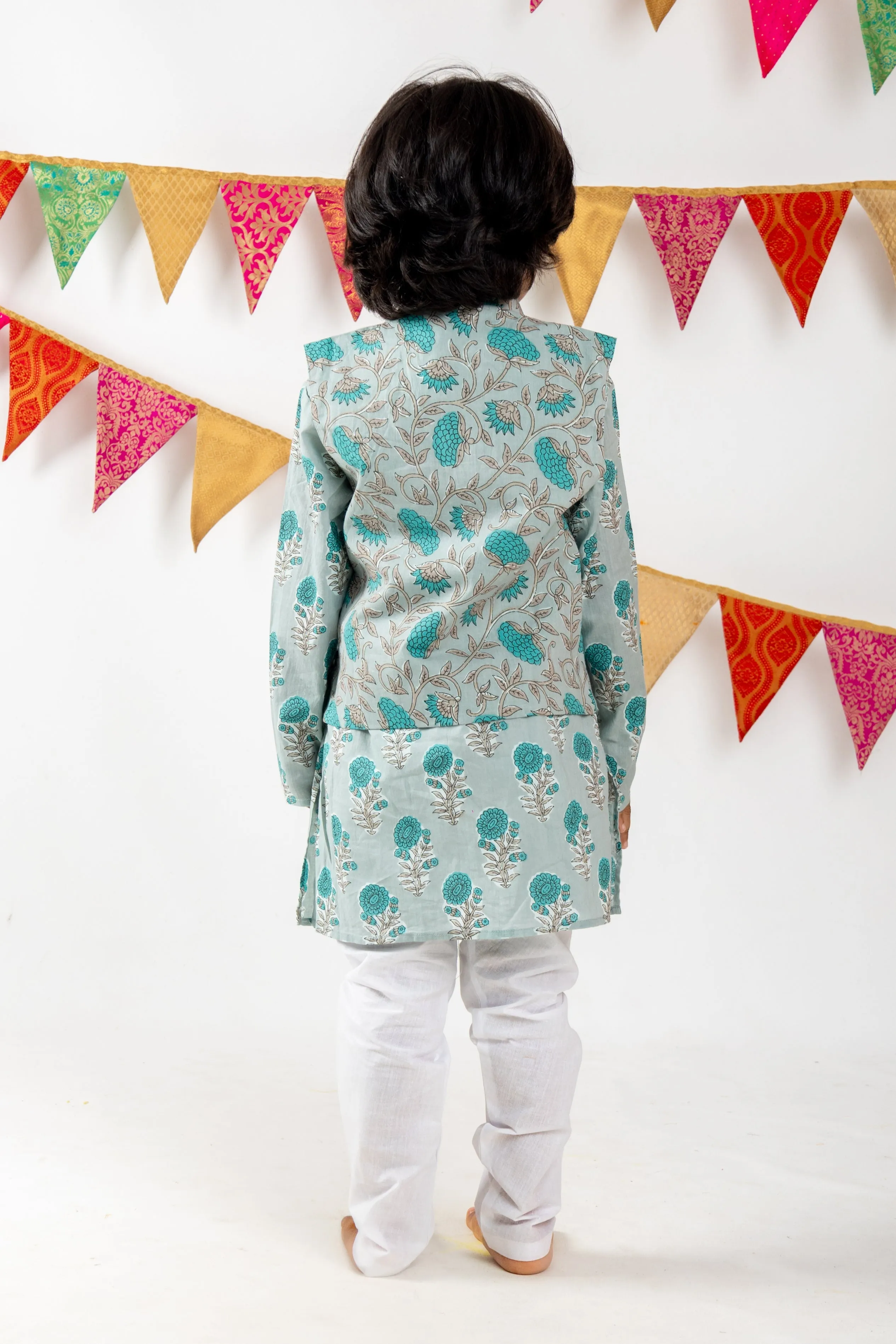 Ash Grey With Green Floral Printed Cotton Kurta For Baby Boys