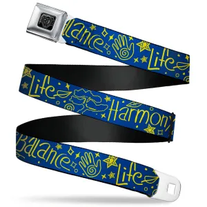 BD Wings Logo CLOSE-UP Black/Silver Seatbelt Belt - HARMONY BALANCE LIFE Icons Collage Blue/Yellow Webbing