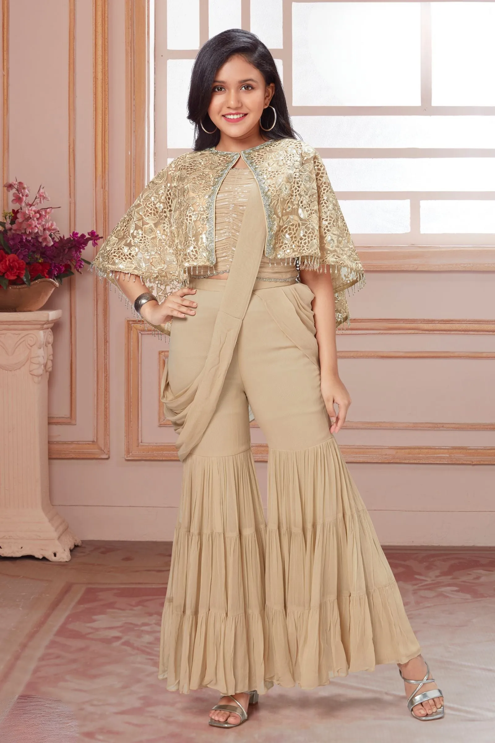 Beige Embroidery, Sequins, Beads and Stone work Overcoat Styled Sharara Set For Girls