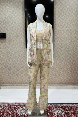 Beige Multicolor Embroidery, Sequins and Mirror work Overcoat Styled Cord Set