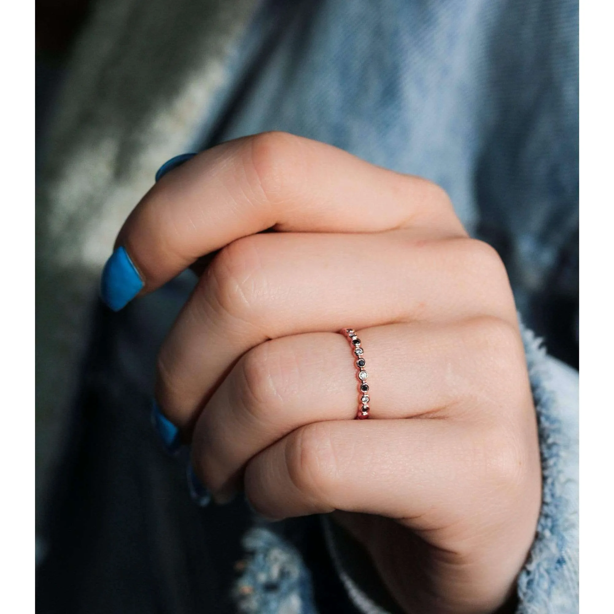 Black and White Diamond Bezel Rose Gold Ring