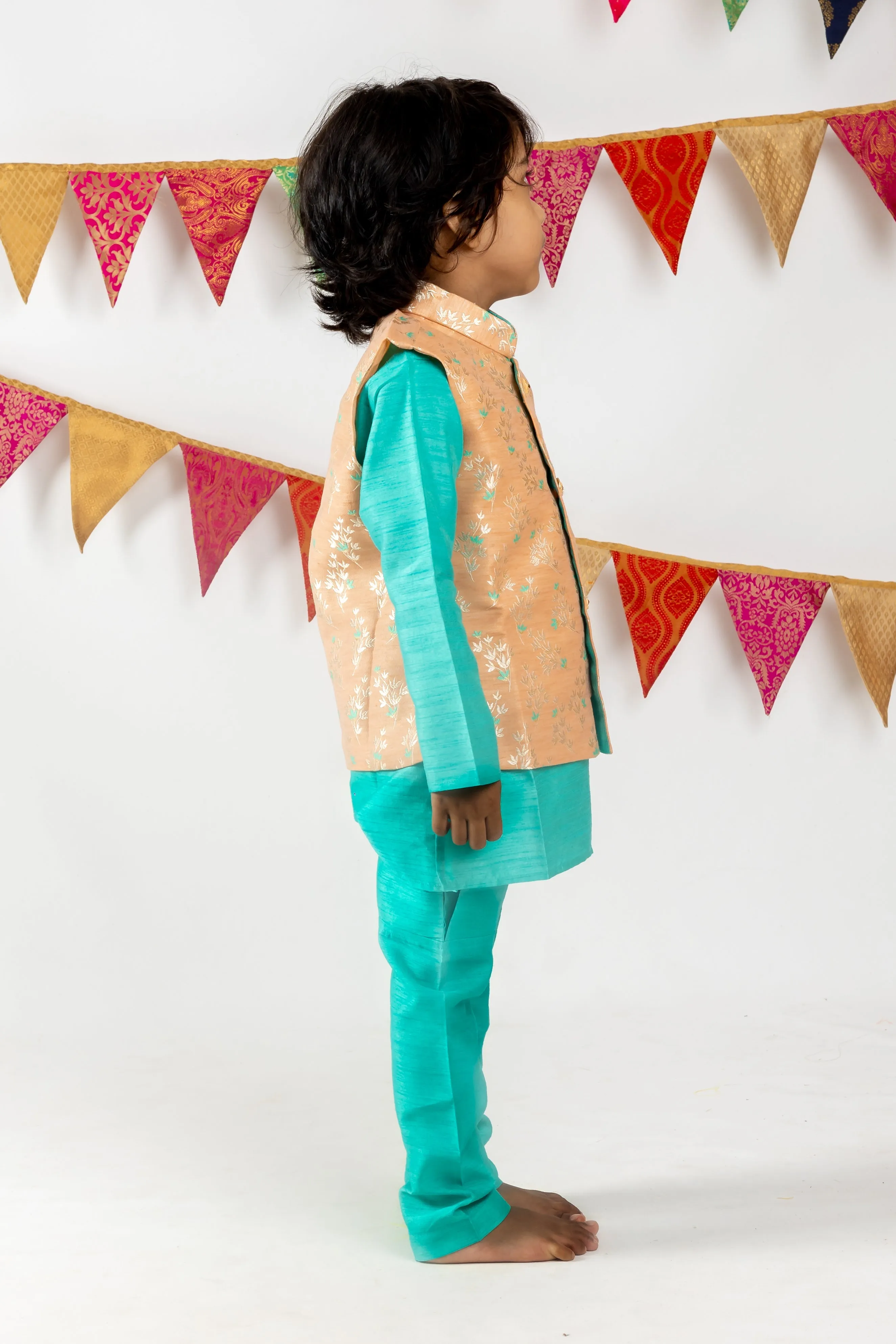 Blue Designer Party Wear Kurta For Boys With Banarasi Silk Over Coat