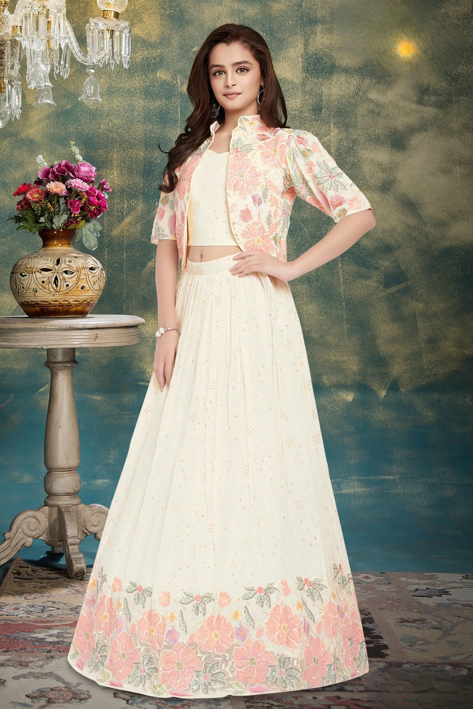 Cream Sequins and Embroidery work Jacket Styled Lehenga Choli for Girls