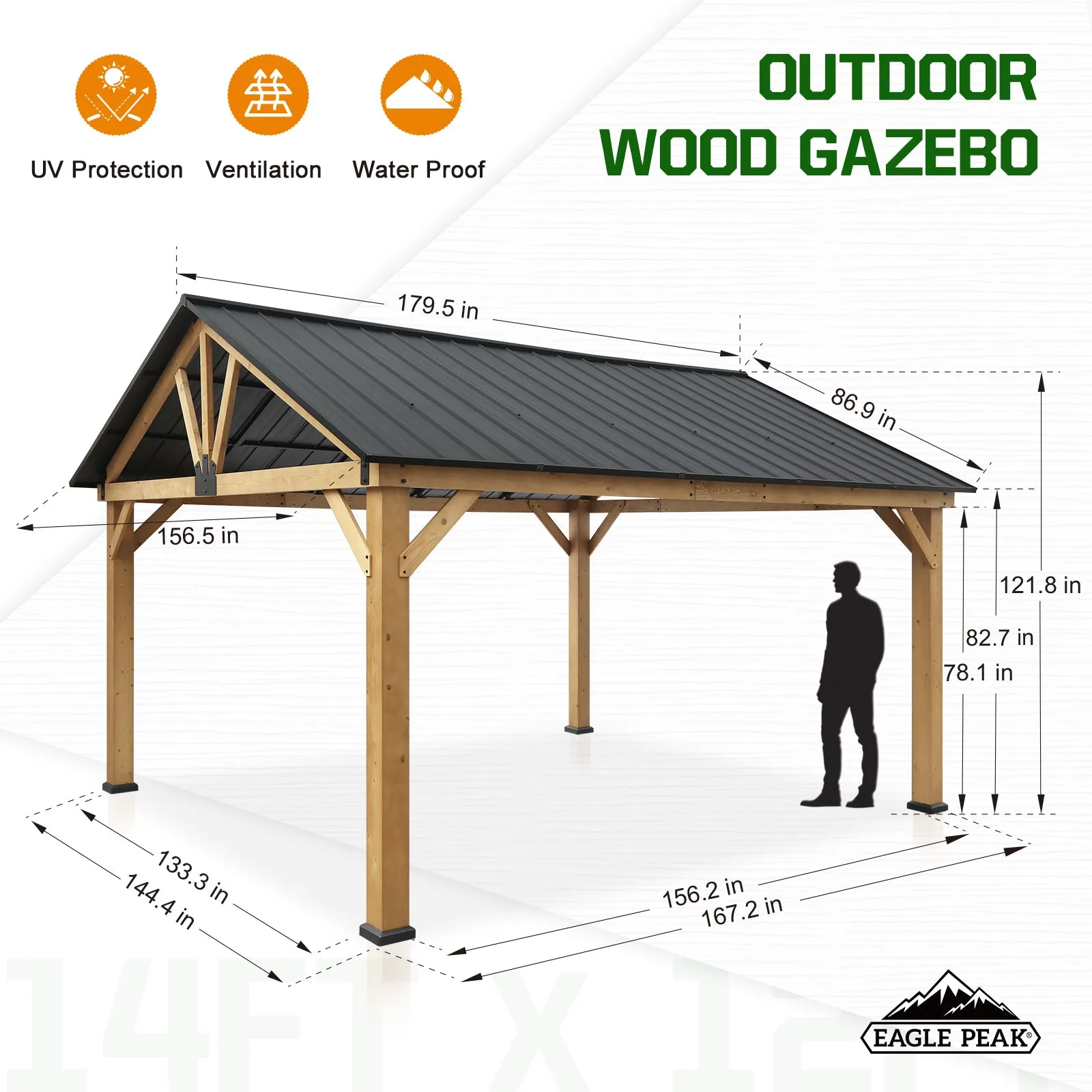 EAGLE PEAK 13x15 Hardtop Wood Gazebo,Natural Wood/Black