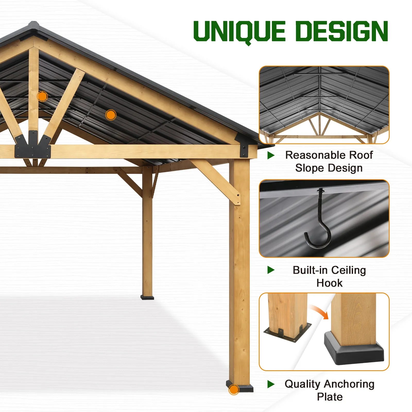 EAGLE PEAK 13x15 Hardtop Wood Gazebo,Natural Wood/Black