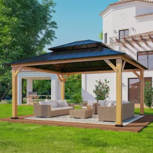 EAGLE PEAK 13x15 Outdoor Cedar Framed Hardtop Gazebo, Galvanized Steel Double Roof Gazebo Pavilion Canopy for Garden, Patio, Lawn and Party, Black