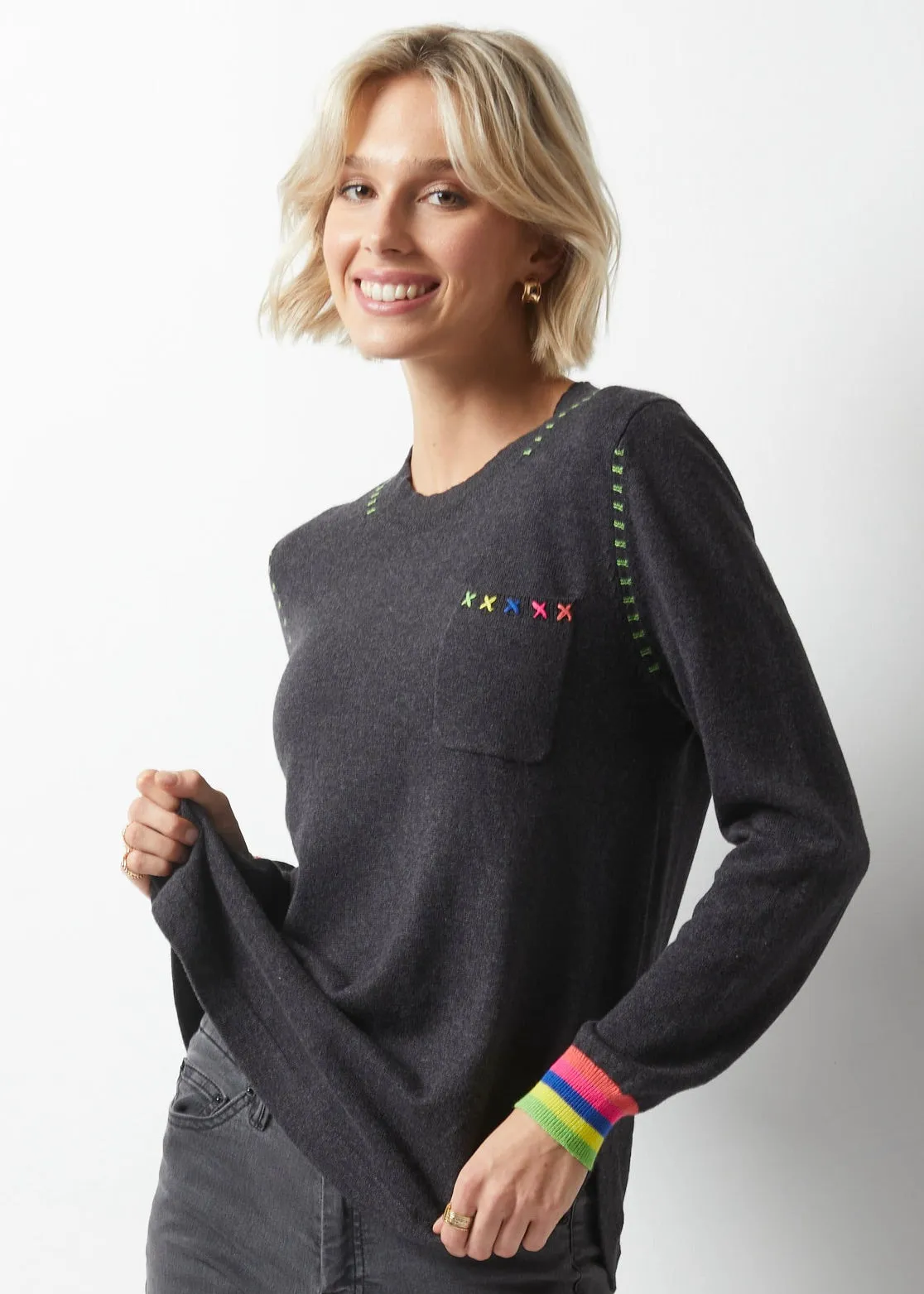 Embroidered Trim Pocket Sweater