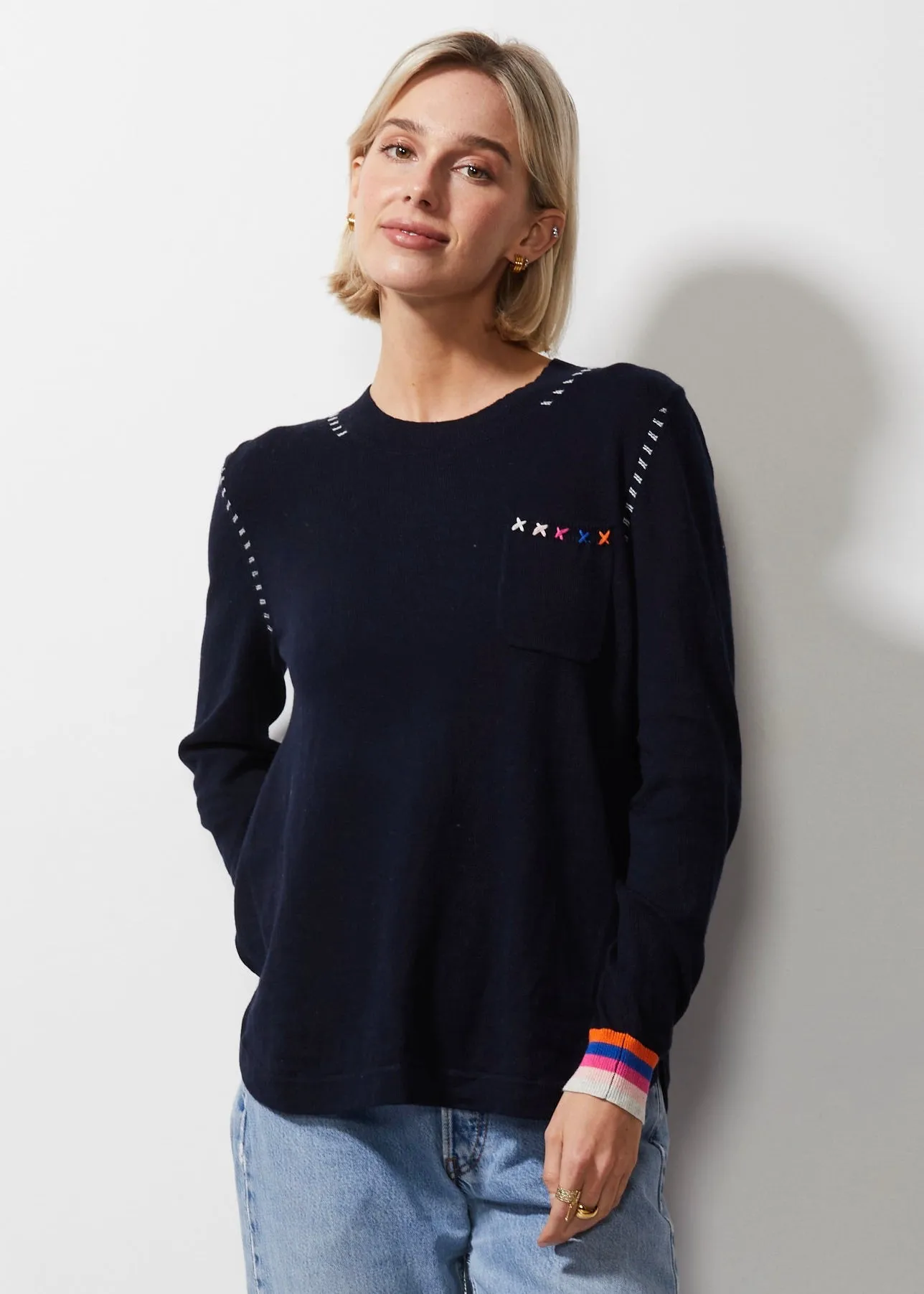 Embroidered Trim Pocket Sweater