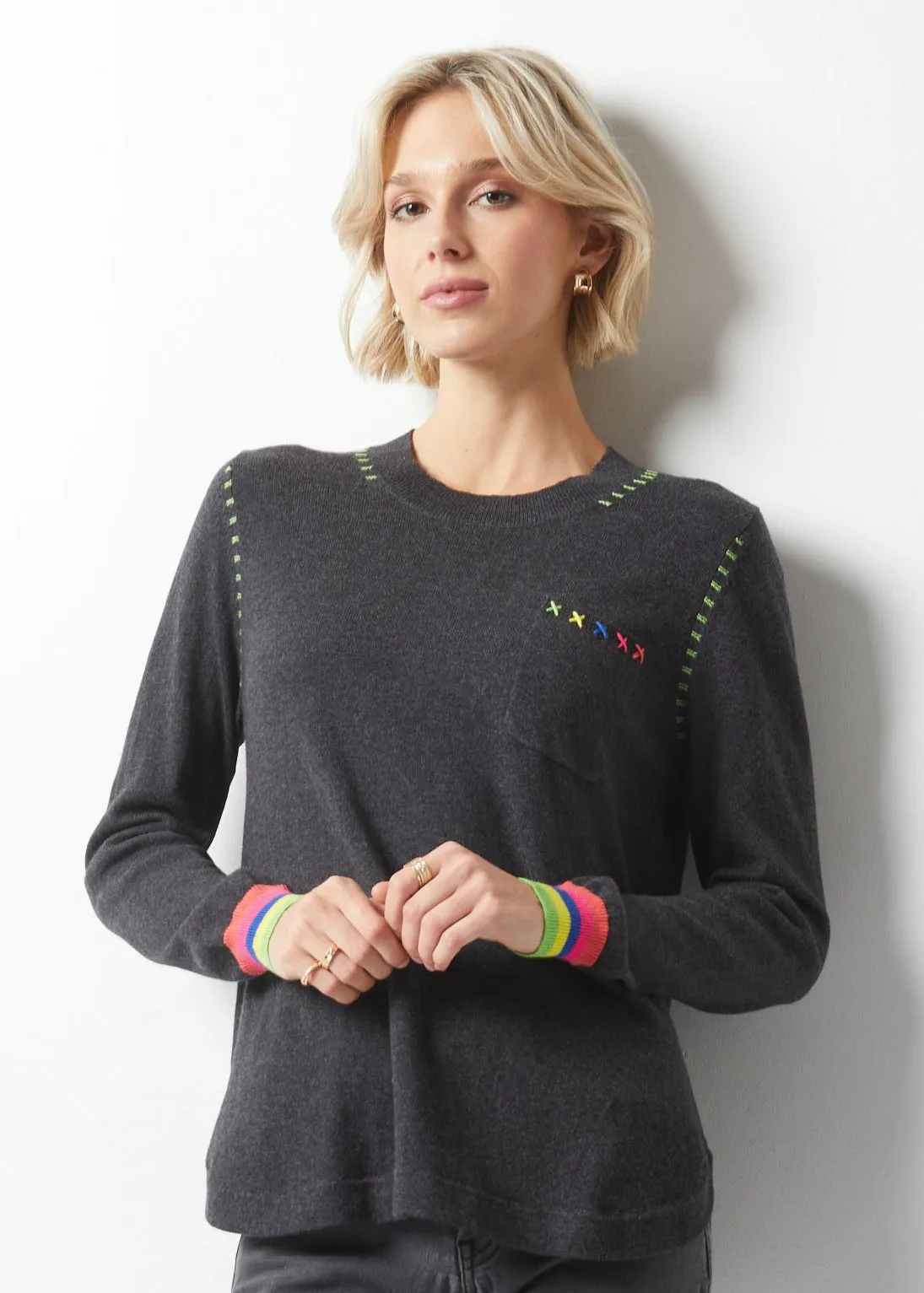 Embroidered Trim Pocket Sweater