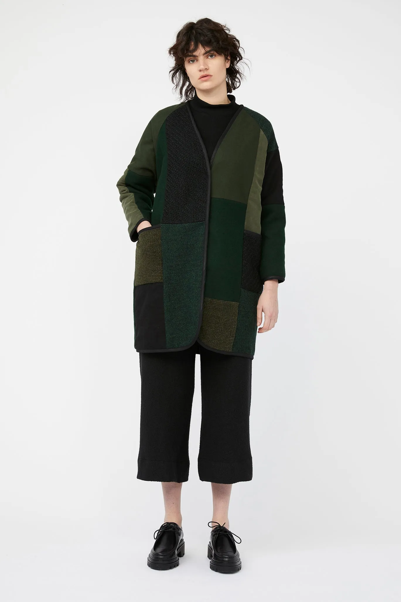 MOSAIC REVERSIBLE COAT ~ GREEN / BLACK [ Quilted Patchwork, Wool, Linen ] ~ Last Chance!