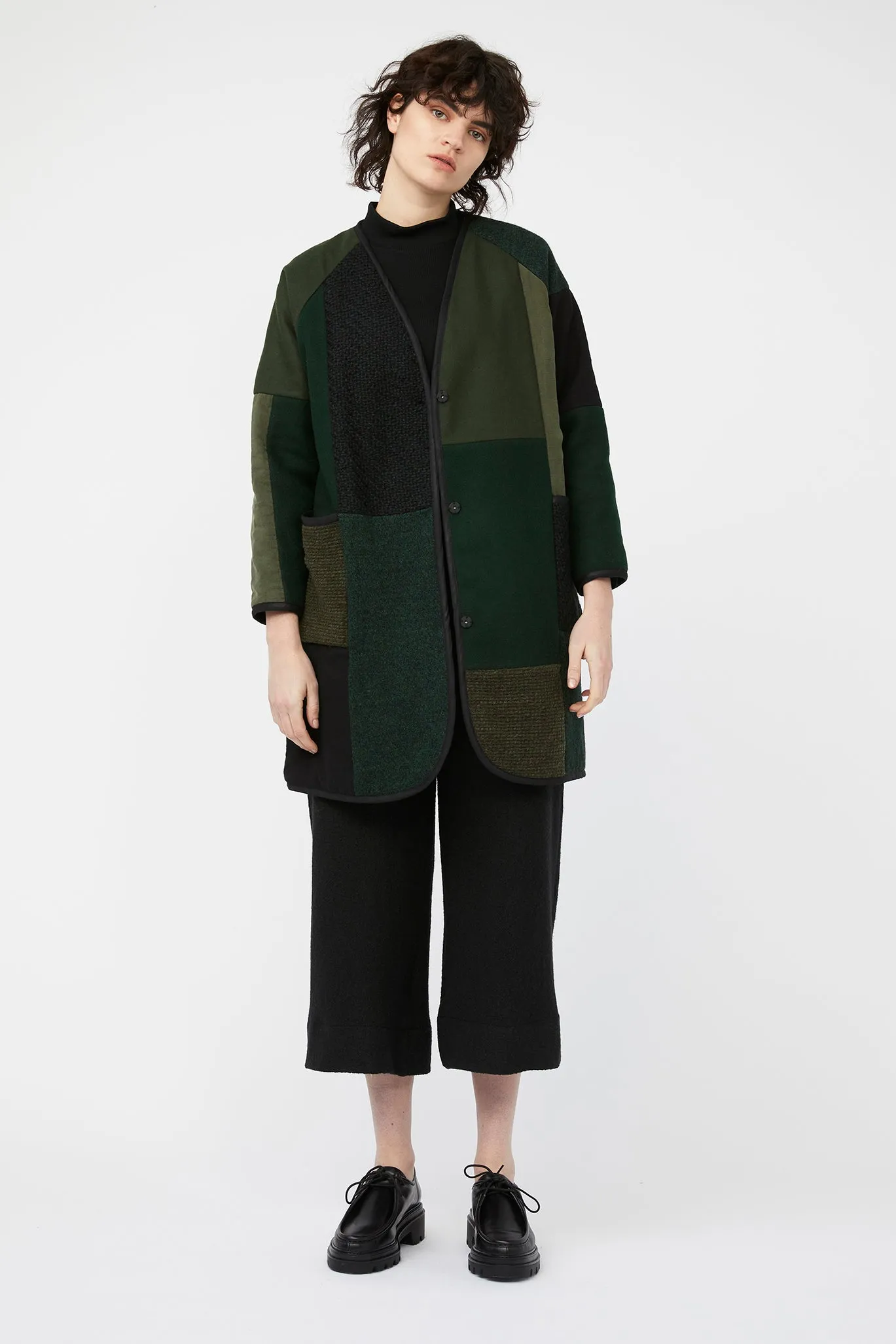 MOSAIC REVERSIBLE COAT ~ GREEN / BLACK [ Quilted Patchwork, Wool, Linen ] ~ Last Chance!