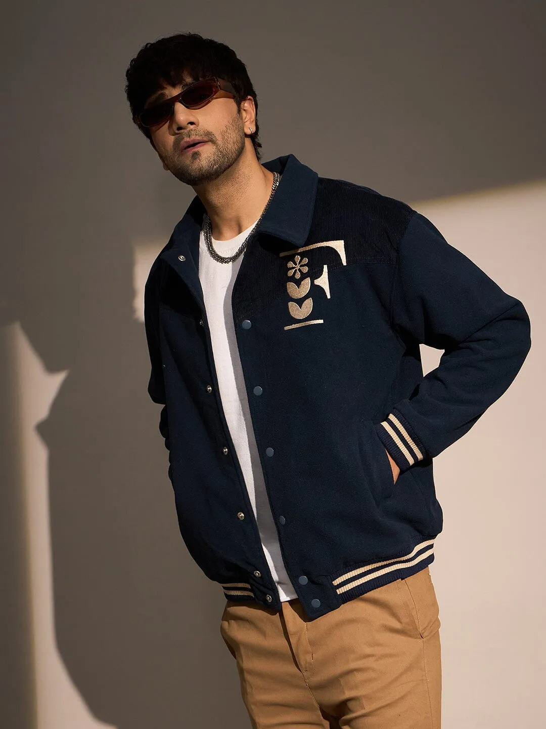 Navy Polar Fleece Varsity Jacket