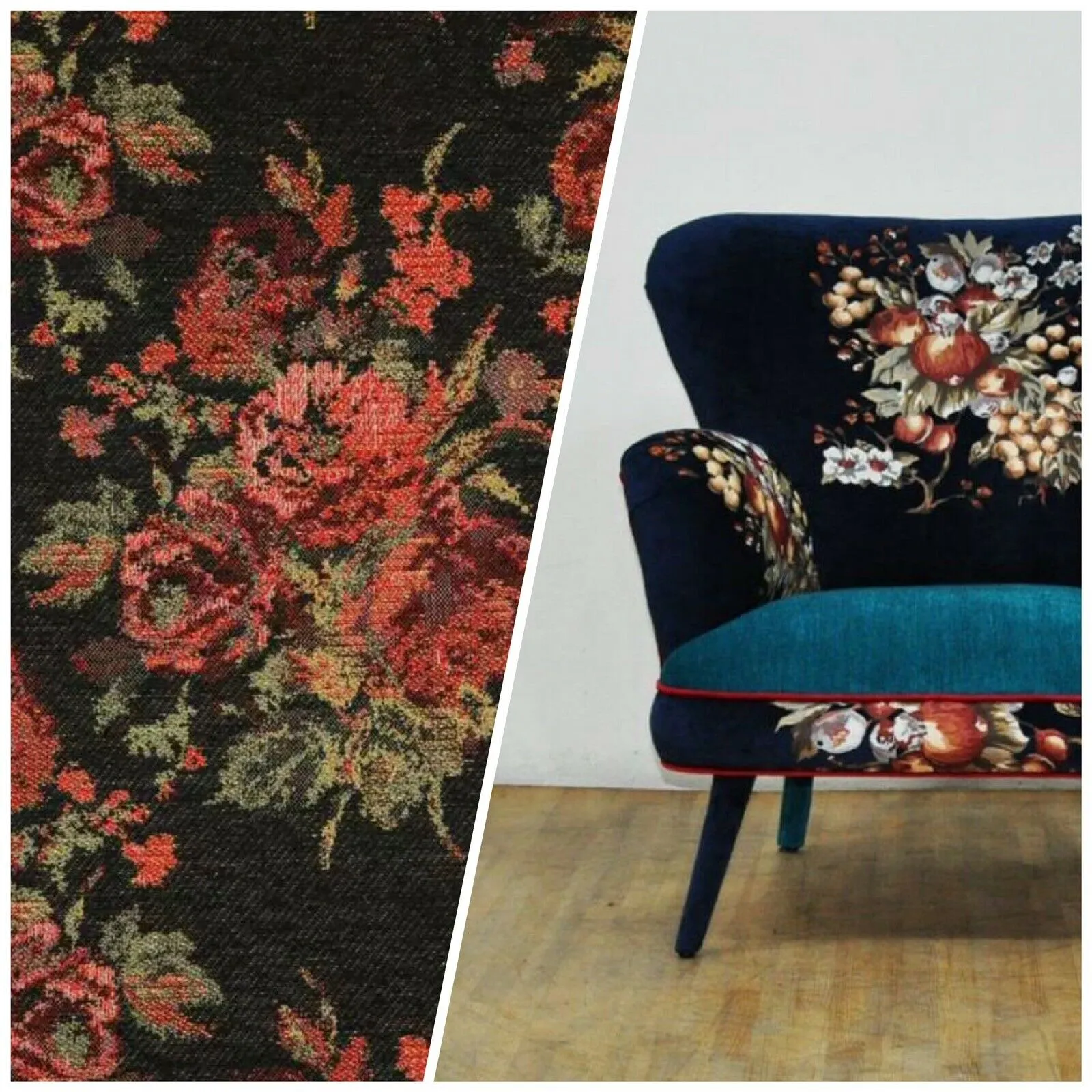 NEW Miss Juniper Designer Floral Needlepoint Inspired Upholstery Fabric- Black & Roses