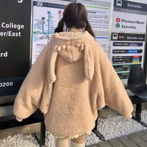 Oversized Bunny Puff Sleeved Hooded Wool Coat With Pom Pom