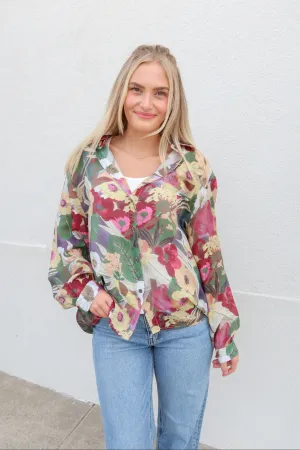 POL September Sunsets Floral Button Down Top