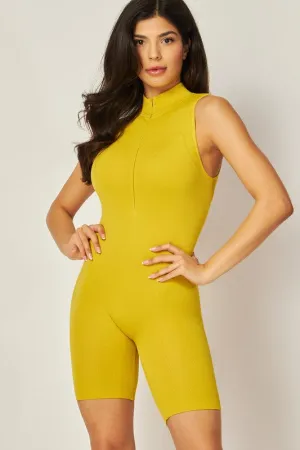 Seamless Fine Ribbed Zip Up Mock Neck Romper