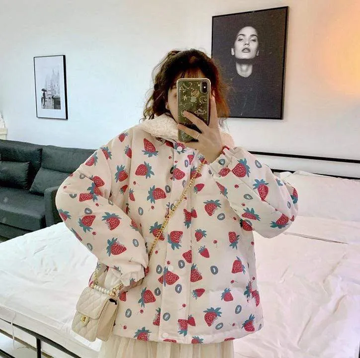 Strawberry Printed Hooded Cotton-padded Overcoat