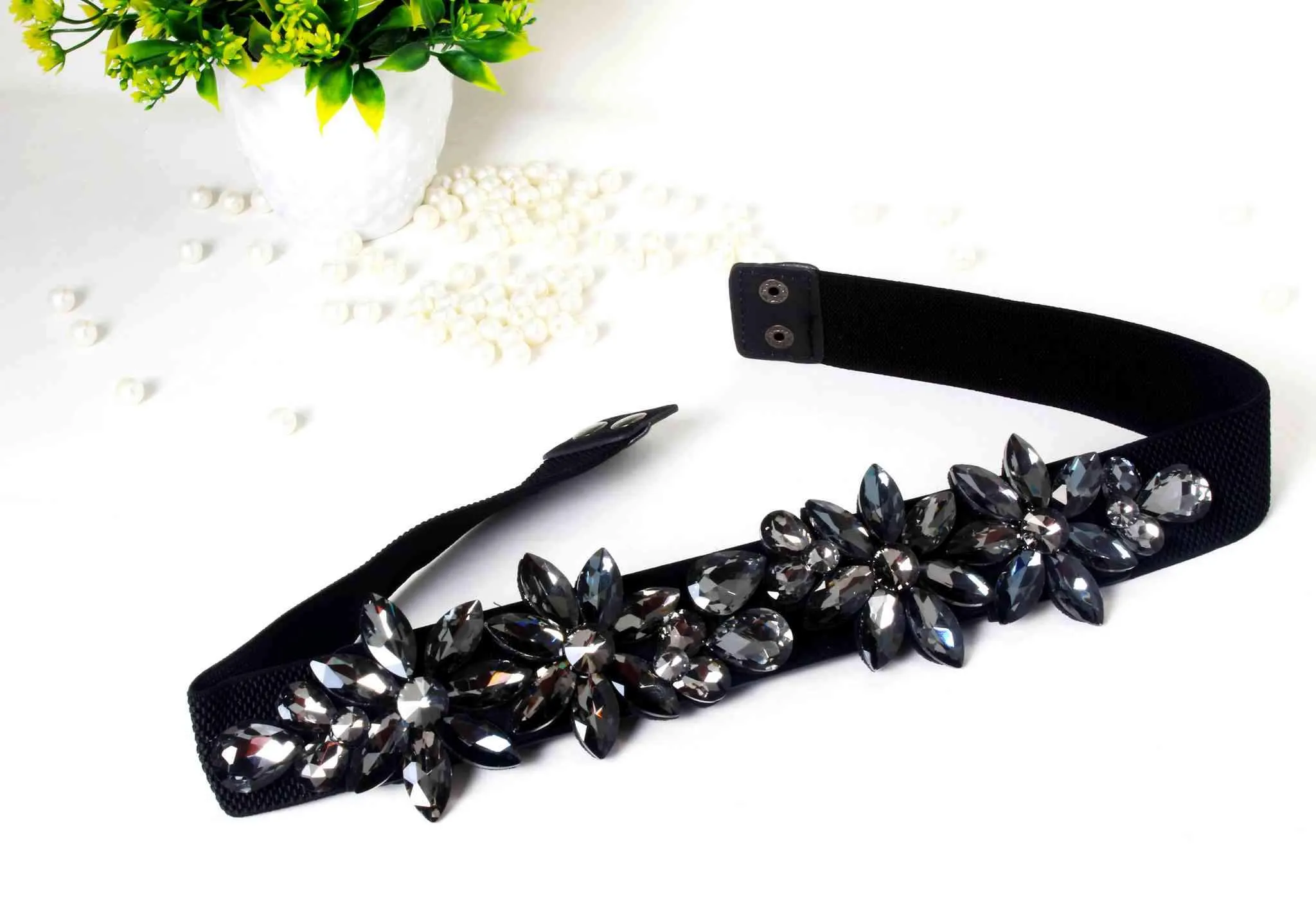 Stylish Fancy Floral Rhinestones Party Belt for Girls, Women, Black