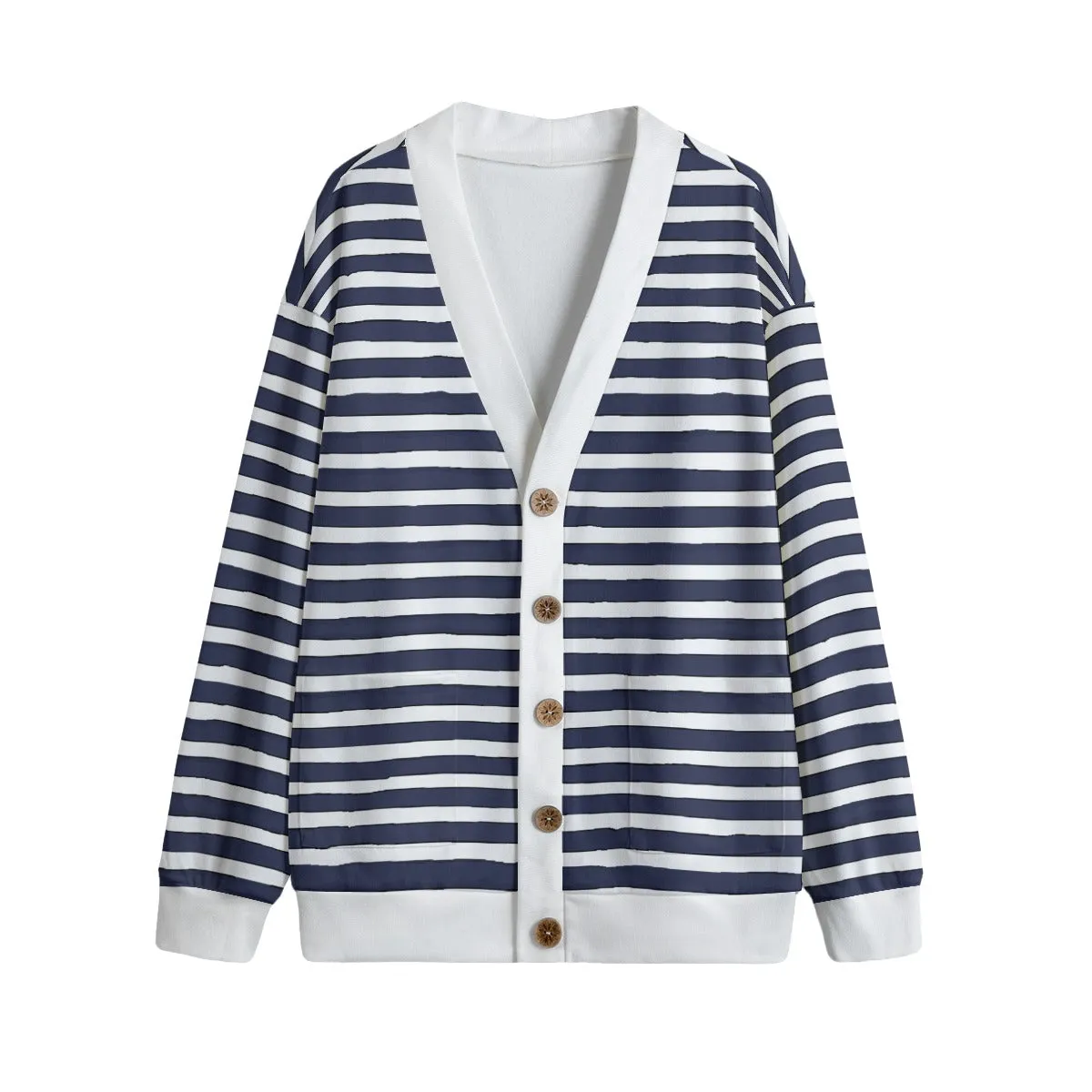 Vampire Art Irregular Breton Stripes Navy & White Unisex V-neck Knitted Fleece Cardigan With Buttons