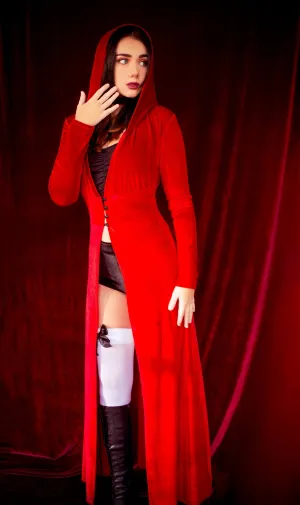 Velvet Hooded Duster Robe in Red