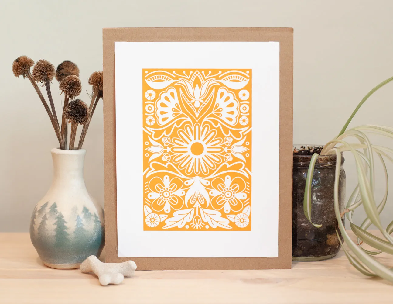 yellow ochre folk art print, floral art print, small art print for gallery wall, petite print series by exit343design