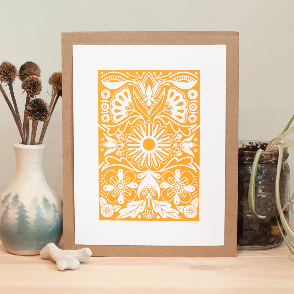 yellow ochre folk art print, floral art print, small art print for gallery wall, petite print series by exit343design